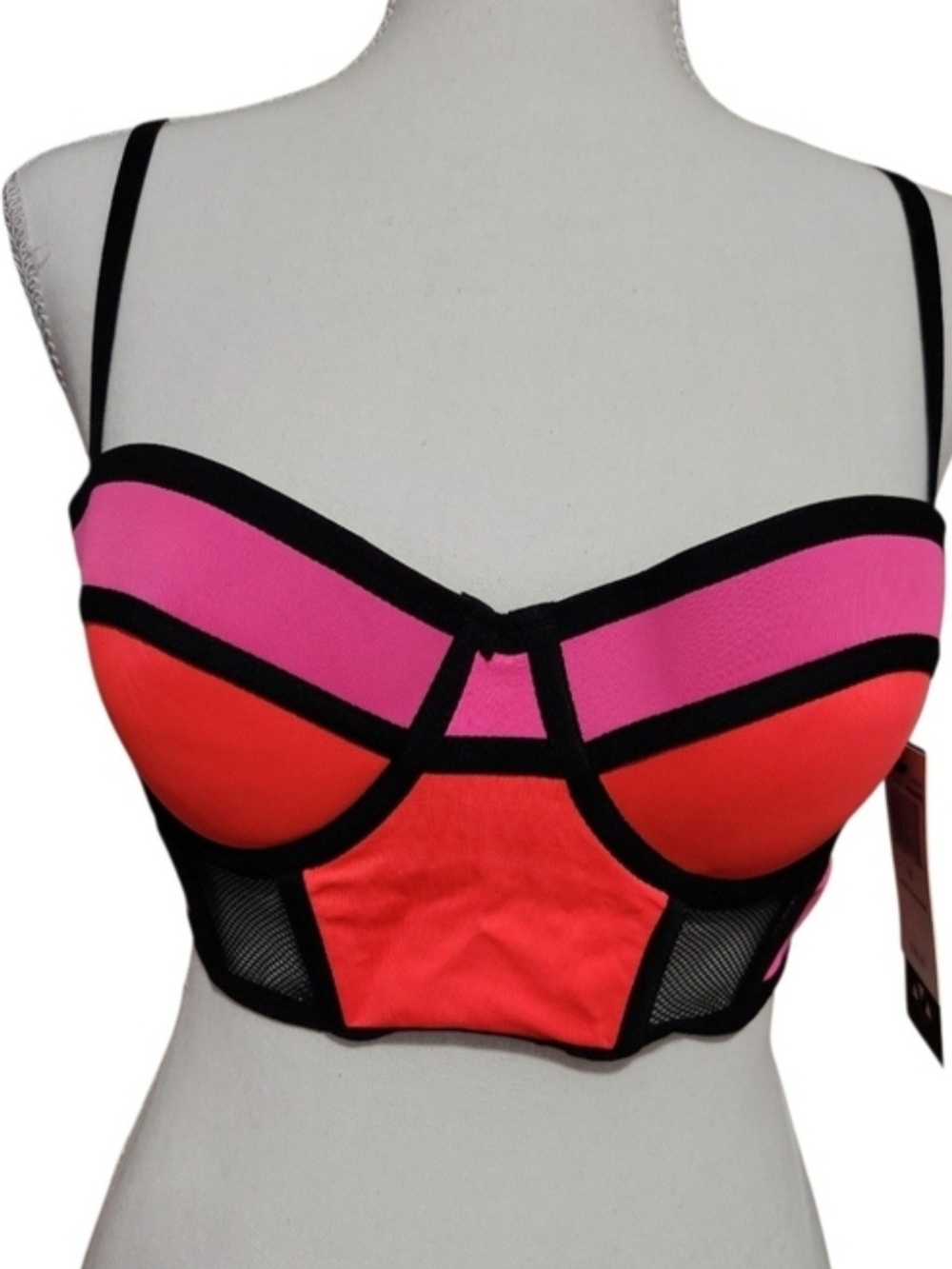 Colorblock Longline Bustier Bra in Pink and Coral with Black Trim
